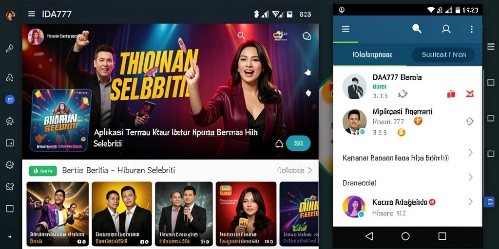 Antarmuka menarik aplikasi IDA777 untuk berita hiburan selebriti.