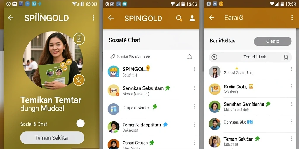Antarmuka SPINGOLD menampilkan berbagai fitur untuk menemukan teman sekitar.