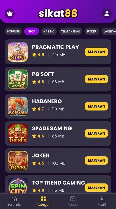 Tampilan katalog aplikasi sikat88